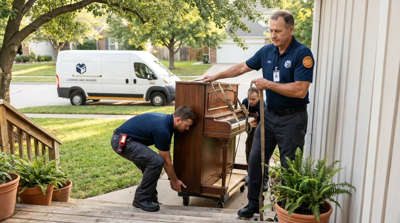 Licensed piano movers securing grand piano in Marietta, PA